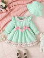 2023 Plaid Ruffle Fly Sleeve Dress With Double Bows Decoration And Double Lace Long Sleeves For Girls' Infants, With Hat