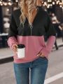 SHEIN LUNE Two Tone Half Zip Drop Shoulder Sweatshirt