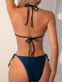 SHEIN Swim Basics Bikini Swimsuit Set With Circular Decoration And Knotted Side, Summer Beachwear