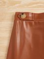 SHEIN Tween Girl Button Detail Puff Sleeve Tee & PU Skirt