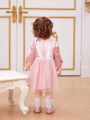 SHEIN Baby Girls' Elegant Satin Bowknot & Mesh Pleated Long Sleeve Dress