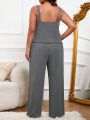 Plus Size Women's Sexy Lace Hem Pleated Camisole Top And Long Pants Pajama Set