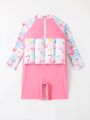 Little Girls Random Tropical And Cartoon Flamingo Print Raglan Long Sleeve One Piece Swimsuit