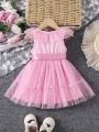 Baby Girl Cute & Elegant A-Line Polka Dot Mesh Splice Dress With Ruffled Hem And Waistline, Spring/Summer