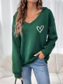 Women's Heart Print Green V-neck Sweatshirt