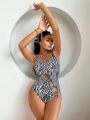 SHEIN Swim BAE One Piece Swimsuit With Zebra Print And Knot Detailing