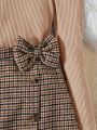 SHEIN Tween Girl Mock Neck Puff Sleeve Tee & Plaid Bow Front Asymmetrical Hem Skirt