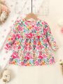 SHEIN Baby Girls' Romantic Floral Print Long Sleeve Dress