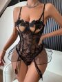 Women's Embroidery Floral Patchwork Hollow Out Detail Sheer Lace Bodysuit With Knee-High Socks Set