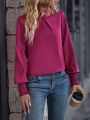 Solid Mock Neck Bishop Sleeve Blouse