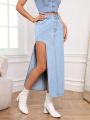 SHEIN Privé Women's High Slit Denim Midi Skirt