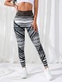 Yoga Trendy Striped & Geo Print Wideband Waist Sports Leggings