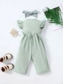 Baby Girls' Casual Jumpsuit With Cap Sleeves And Bowknot Decoration Pants