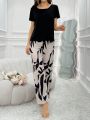 Ladies' Simple & Fashionable Casual Short Sleeve Top & Pants Pajama Set