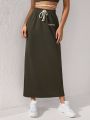 ROPES Women'S Drawstring Waist Letter Embroidered Midi Skirt