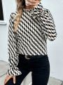 SHEIN Frenchy All Over Printed Long Sleeve Shirt With Ruffle Collar