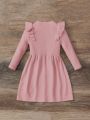 SHEIN Little Girl's Round Neck Long-sleeved Textured Jacquard Ruffled Flying Sleeves A-hem Sweater Dress