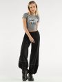 Forever 21 Women's Loose Fit Casual Sweatpants With Contrast Color Rolled Edge Decoration