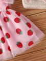 Baby Girl Pink Strawberry Embellished Tulle Dress With Fluffy Skirt