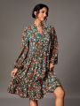 SHEIN Tall Floral Print Notched Neckline Long Sleeve Dress