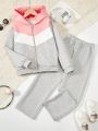 SHEIN Kids KDOMO Tween Girls' 2pcs Casual Sports Color Block Hooded Zipper Front Sweatshirt And Sweatpants Set