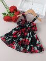 Baby Girls' Spaghetti Strap Dress With Romantic Ruffle Hem, Floral Prints, And Vintage Chiffon Material, Casual Style For Spring & Summer