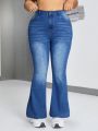 SHEIN ICON Plus Size Women'S Flared Jeans With Whiskers And Cat Whisker Details