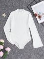 SHEIN Tween Girl Sporty & Cool Knitted Solid Color Bodysuit With Stand Collar, Flared Sleeves And Slim Fit Style