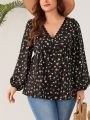 SHEIN VCAY Plus Size Lantern Sleeve Shirt With Small Floral Print