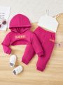 SHEIN Baby Girls' Casual Letter Print Super Crop Hoodie, Tank Top And Pants 3pcs Set