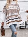 Geo Pattern Batwing Sleeve Turtleneck Poncho