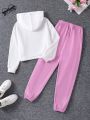 SHEIN Tween Girls Hooded Sweatshirt And Sweatpants Set With Letter Print