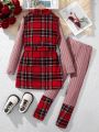 SHEIN Kids FANZEY Girls' Elegant Vest Top, T-shirt, Leggings 3pcs/set With Christmas Plaid Print