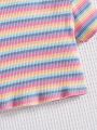 SHEIN Kids Cooltwn 3pcs/set Toddler Girls' Fashionable Knitted Striped Short Sleeve Top For Sports