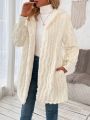 Solid Pom Pom Detail Open Front Hooded Teddy Coat