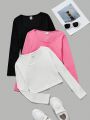 SHEIN Kids EVRYDAY Teenage Girls' Knitted Round Neck Slim Fit Solid Color Long Sleeve T-Shirts (3pcs/Set), Casual Style