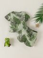 SHEIN Newborn 2pcs/Set Baby Boys' Beach And Palm Leaf Printed Short Sleeve Vacation Outfits