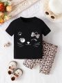 Infant Girls' Simple Cat Pattern Printed T-shirt And Leopard Print Pants Set