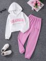 SHEIN Tween Girls Hooded Sweatshirt And Sweatpants Set With Letter Print