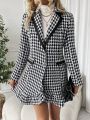 SHEIN Privé Houndstooth Patterned Blazer With False Pockets