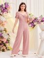 SHEIN Teen Girl's Knit Solid Color Jumpsuit With Twist Knot And Sweetheart Neckline Design And Puff Sleeves
