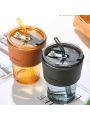 1pc Glass Coffee Cup, Home & Office Straw Cup, 400ml Large Capacity Couple Water Cup, Women's Gift Juice Cup With Straw And Insulated Pu Leather Sleeve