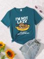 SHEIN Kids EVRYDAY Tween Girls Cartoon & Slogan Print Short Sleeve T-Shirt