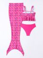 3pcs/Set Teen Girls' Lovely Mermaid Scale Print Ruffle Edge Bikini With Halter Neck For Beach Party