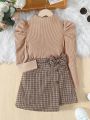 SHEIN Tween Girl Mock Neck Puff Sleeve Tee & Plaid Bow Front Asymmetrical Hem Skirt