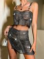 SHEIN SXY Glittery Cropped Camisole Top And High Slit Skirt Two Piece Set