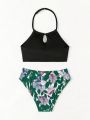 Teen Girls' Halter Top And Plant Printed Bikini Set