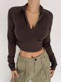 Dazy Star Solid Color Zipper Detail Long Sleeve Crop Top