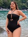 SHEIN Swim Basics Women'S Plus Size Hollow Out & Ruched Halter One Piece Swimsuit