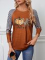 Striped & Pumpkin Print Raglan Sleeve Tee